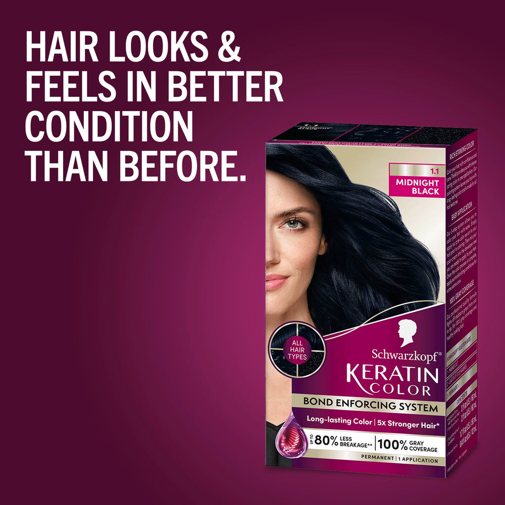 Schwarzkopf Keratin Color bottle and brush for smooth application.
