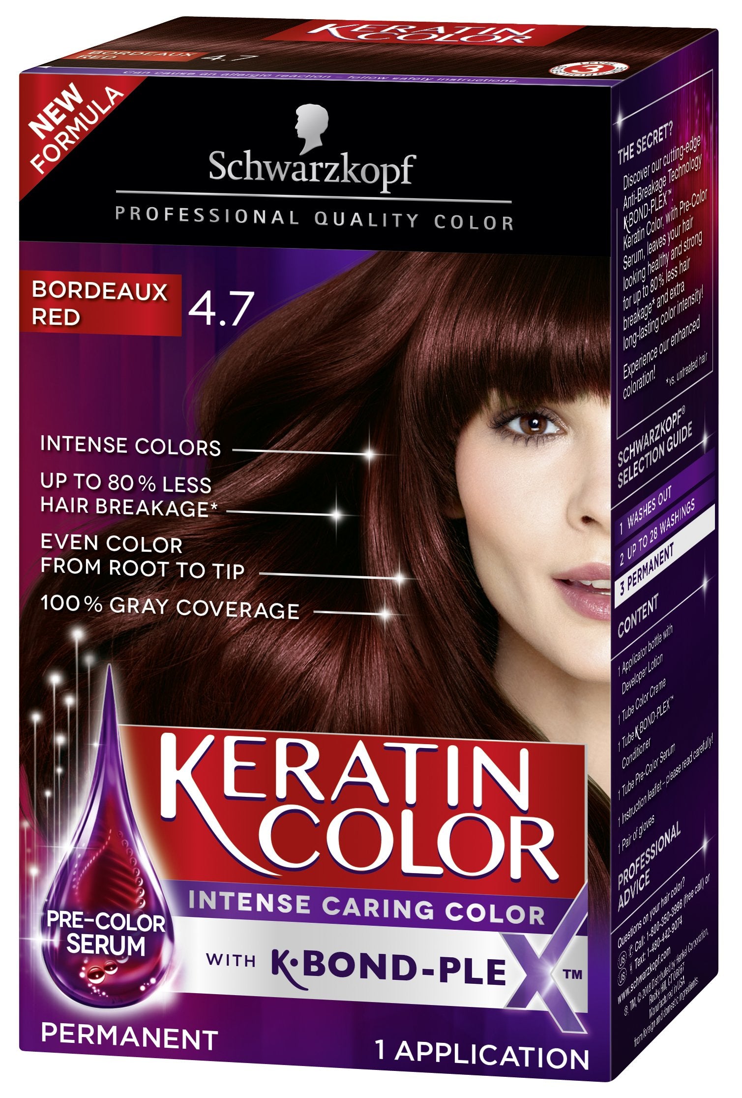 Schwarzkopf Keratin Color packaging shows Bordeaux Red kit ready for at-home color.