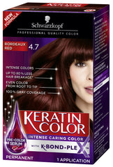 Schwarzkopf Keratin Color packaging shows Bordeaux Red kit ready for at-home color.