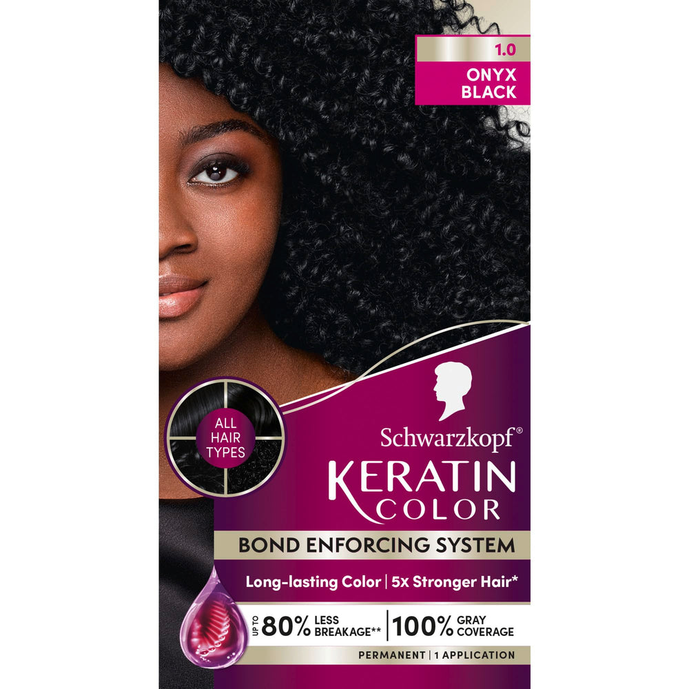 Schwarzkopf Keratin Color packaging shown for at-home professional-grade color kit, easy gray coverage.