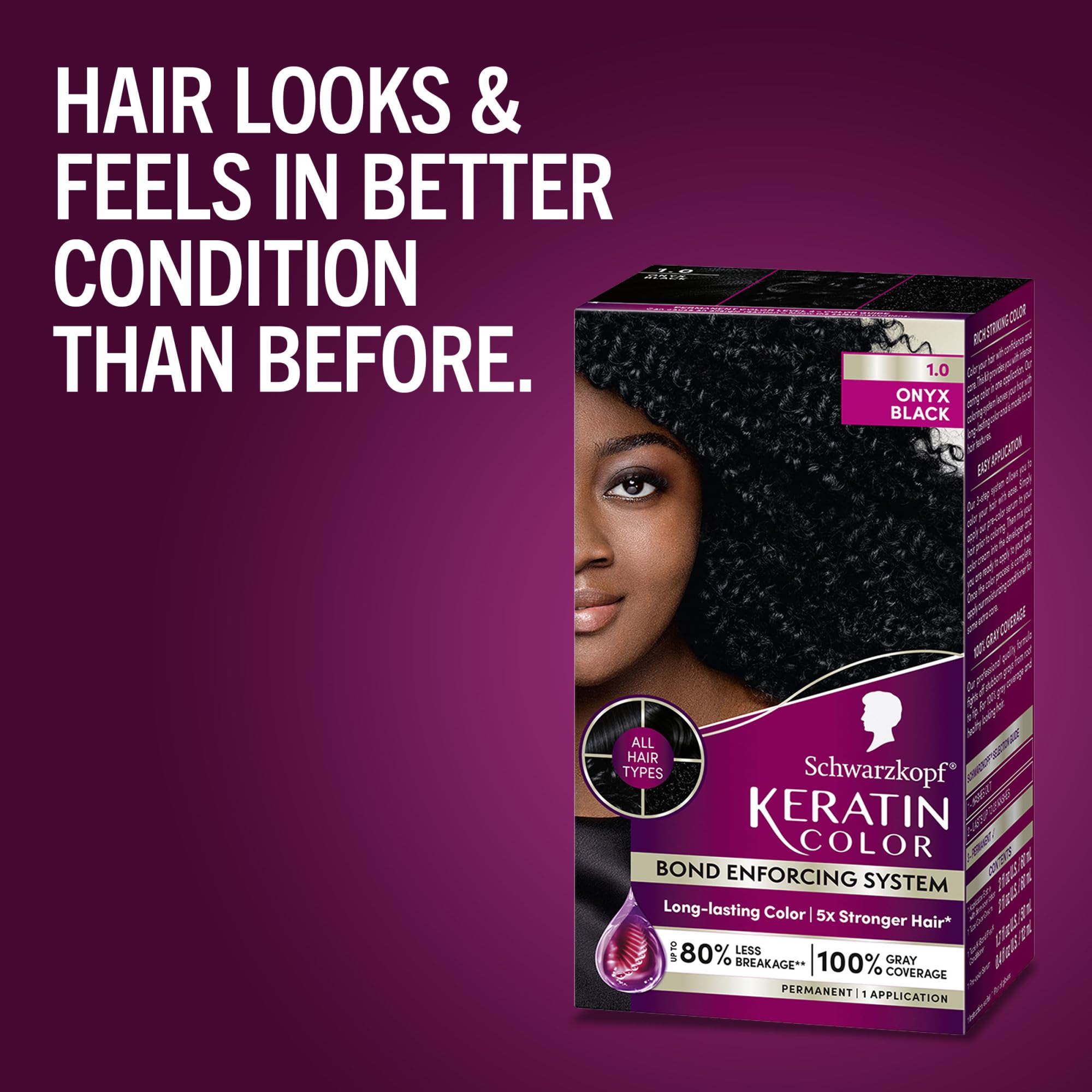 Schwarzkopf Keratin Color root-to-tip coverage on model hair for even tone.