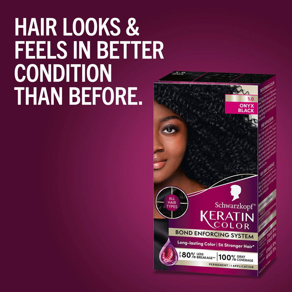 Schwarzkopf Keratin Color root-to-tip coverage on model hair for even tone.