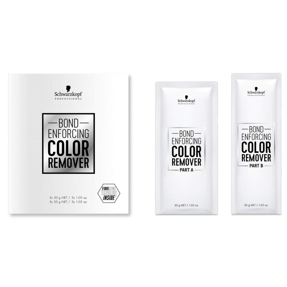 Schwarzkopf Professional Bond Enforcing Color Remover packaging highlights FibreBond protection during color removal.