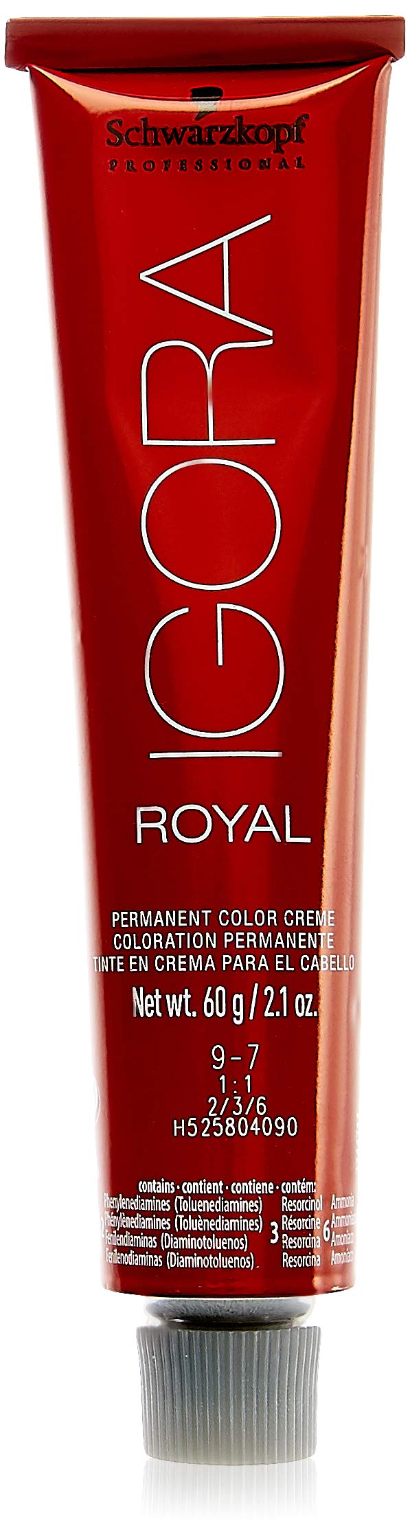 Schwarzkopf Professional Igora Royal 9-7 color swatch showing vivid extra light copper blonde for shade preview