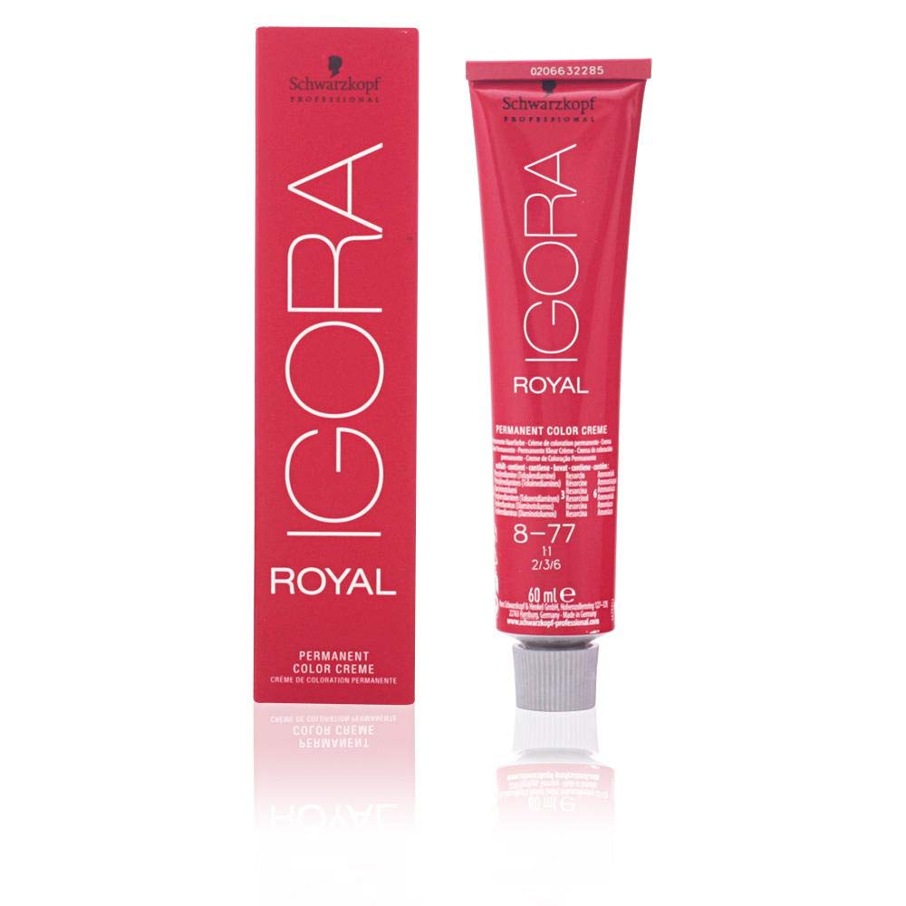 Schwarzkopf Royal IGORA 8-77 dye cream offers smooth, even coverage.
