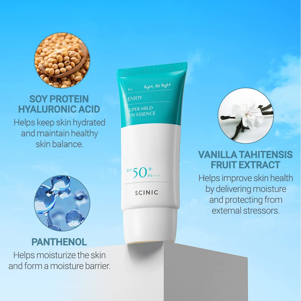 SCINIC Enjoy Super Mild Sun Essence ingredients highlight soy protein and hyaluronic acid hydration