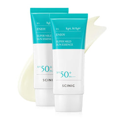 SCINIC Enjoy Super Mild Sun Essence packaging highlights travel-friendly 50ml bottle