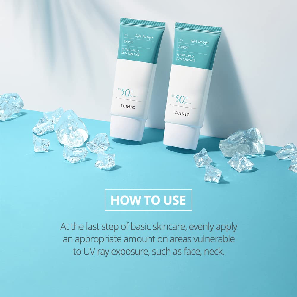 SCINIC Enjoy Super Mild Sun Essence SPF50+ PA++++ label communicates strong UV protection