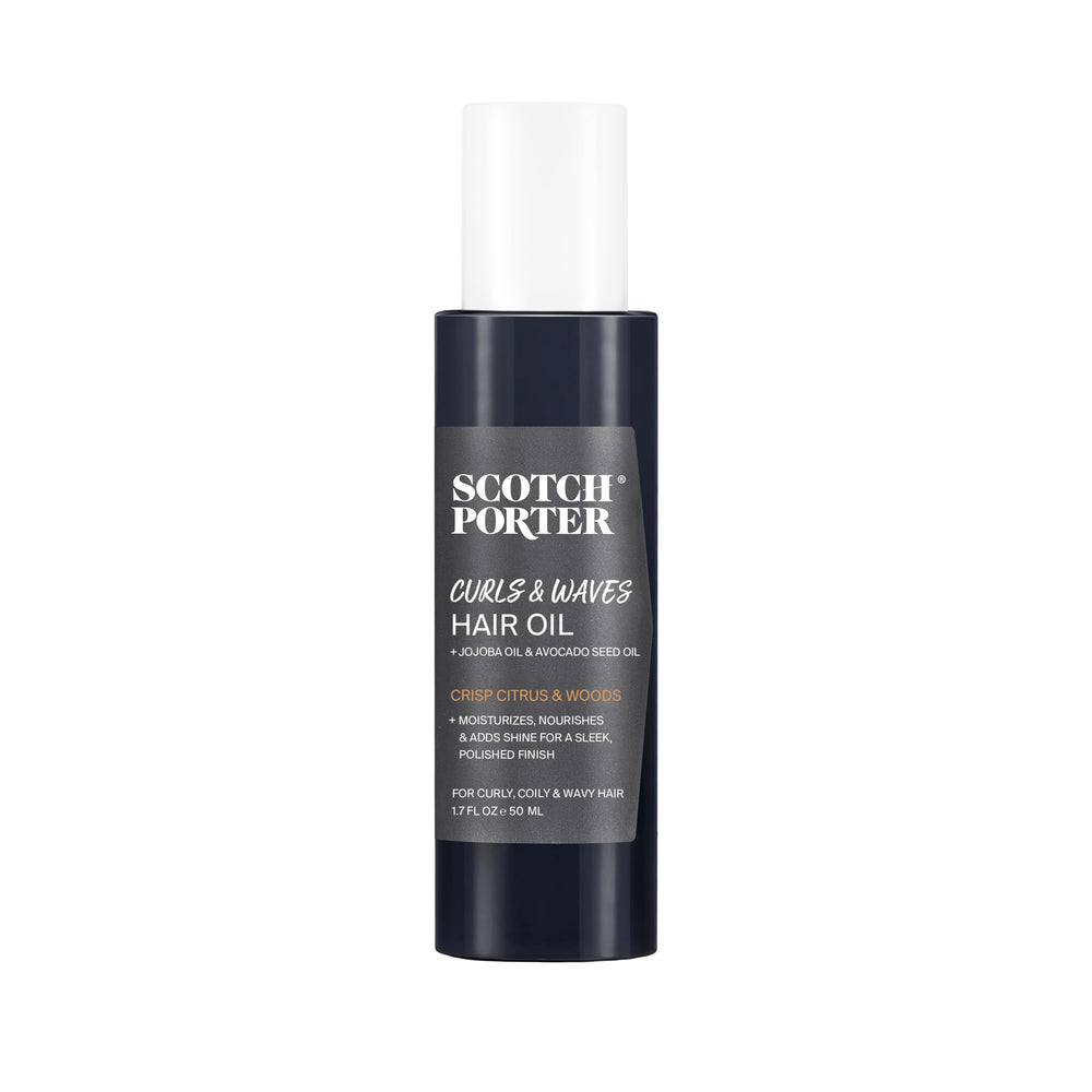 Scotch Porter Curls & Waves Hair Oil bottle promotes moisture and shine.