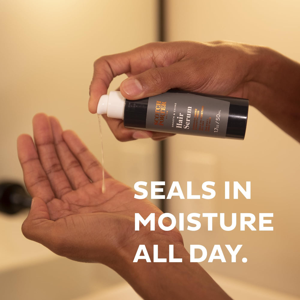 Scotch Porter hair oil on damp hair for a sleek finish after styling.