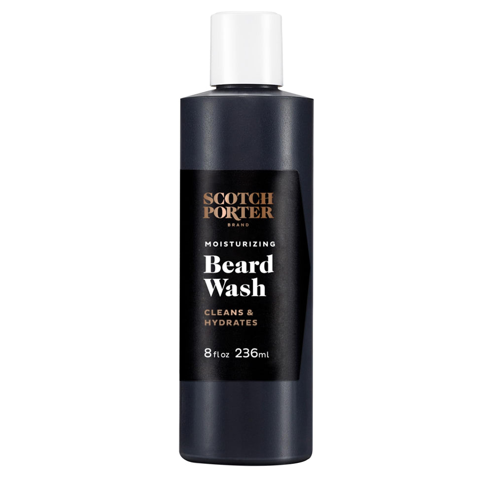 Scotch Porter Moisturizing Beard Wash bottle front shows a hydrating cleanse for rough beards