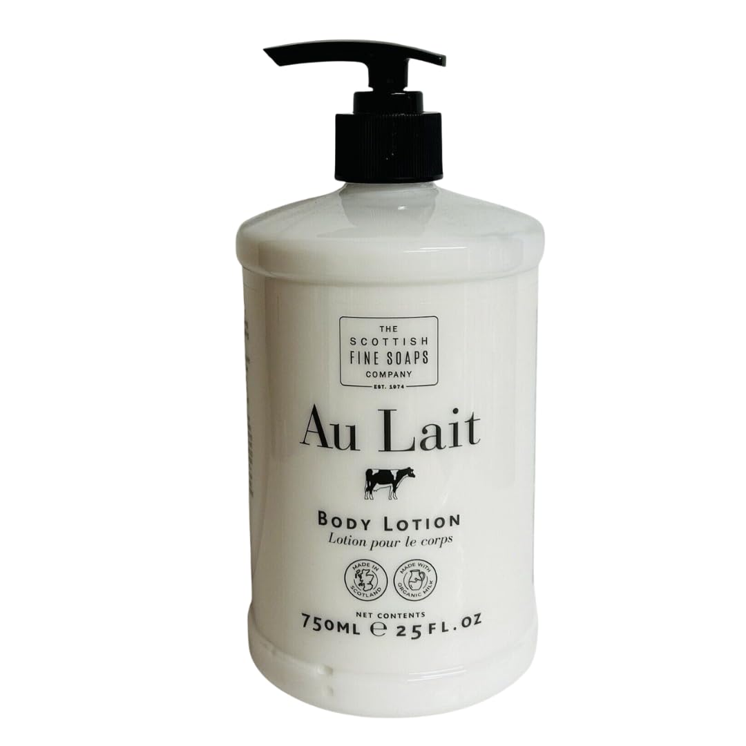 Scottish Fine Soaps The Company Au Lait Body Lotion bottle closeup for nourishing skin care