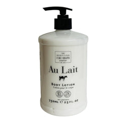 Scottish Fine Soaps The Company Au Lait Body Lotion bottle closeup for nourishing skin care