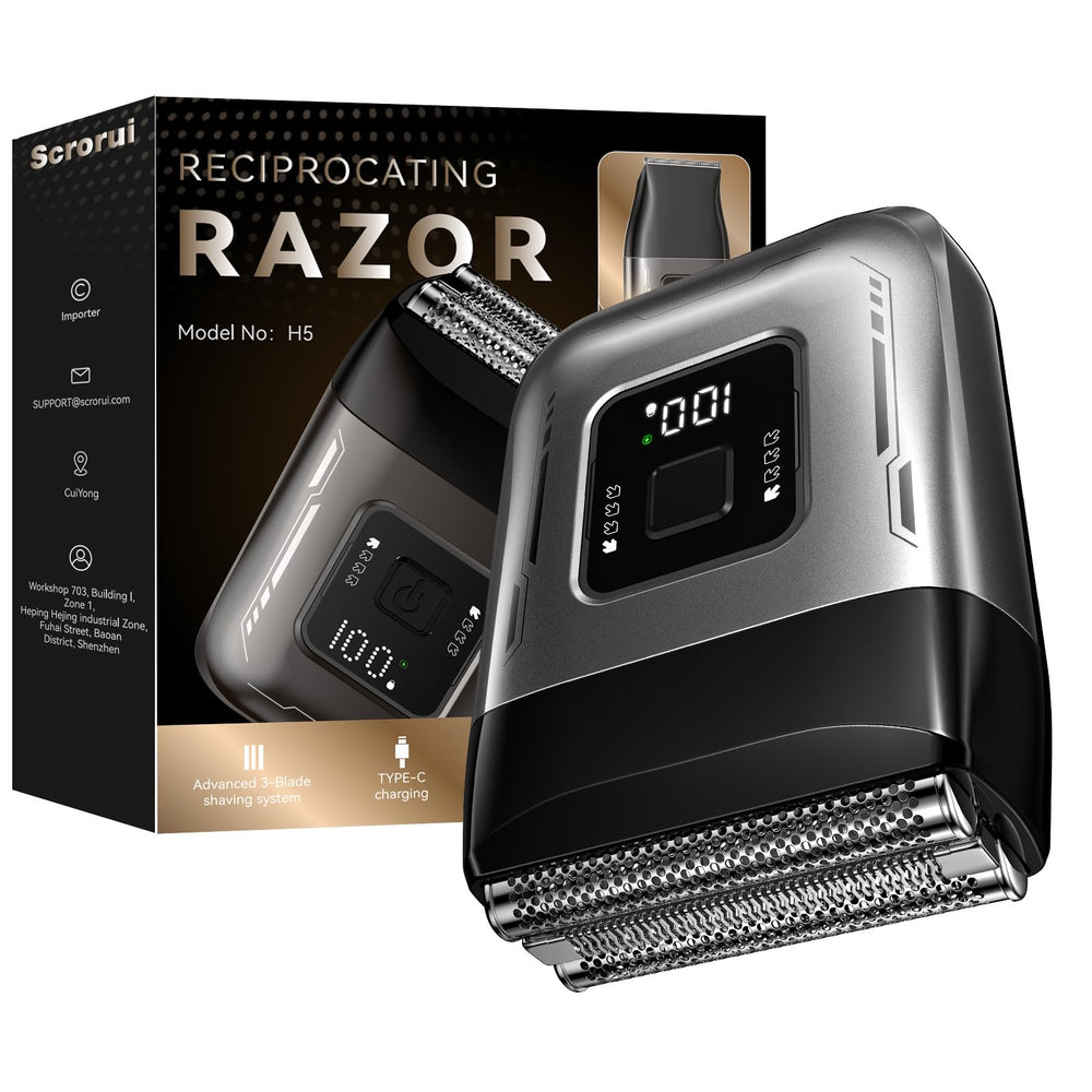 Scrorui cordless foil shaver front view showing ergonomic grip for daily shaving