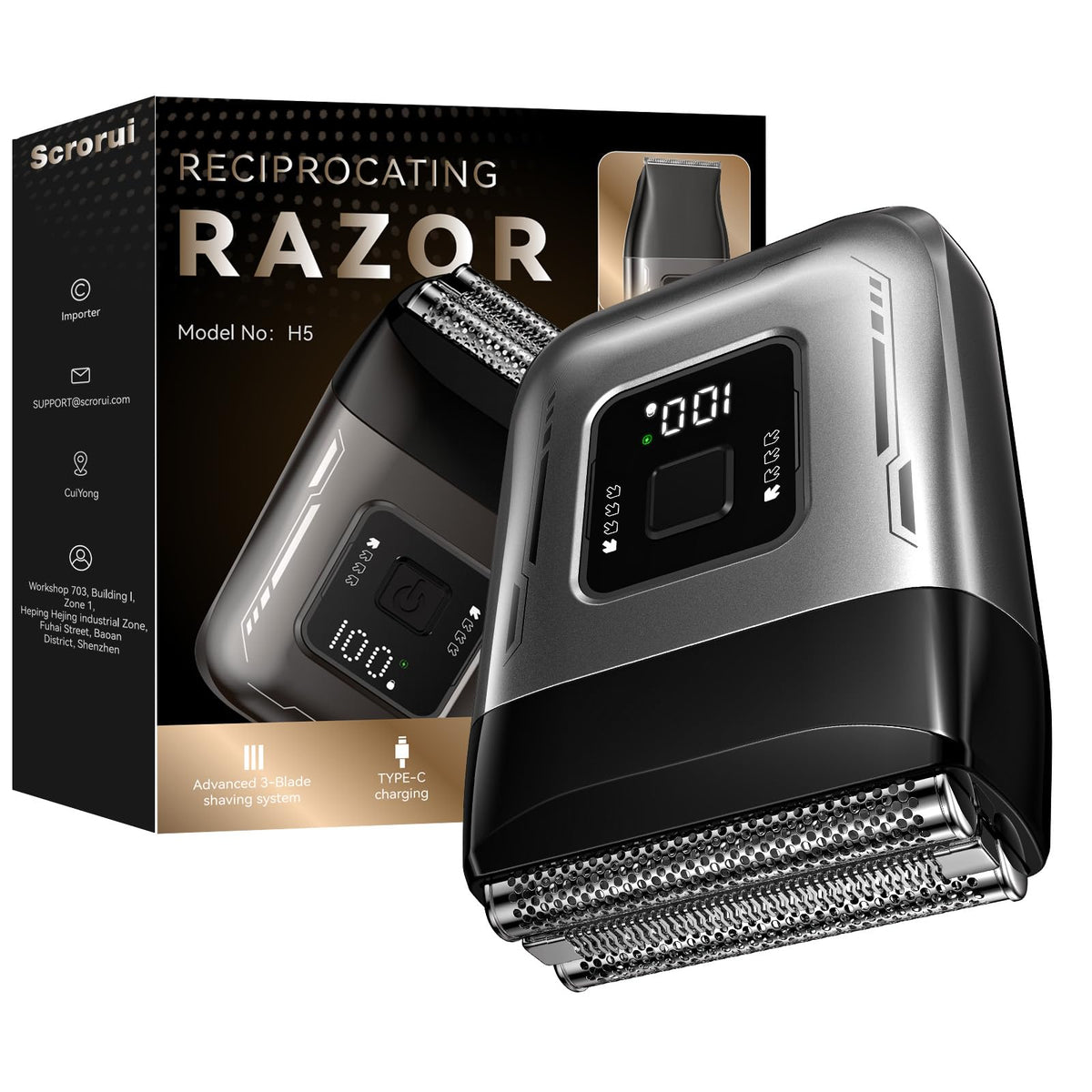 Scrorui cordless foil shaver front view showing ergonomic grip for daily shaving