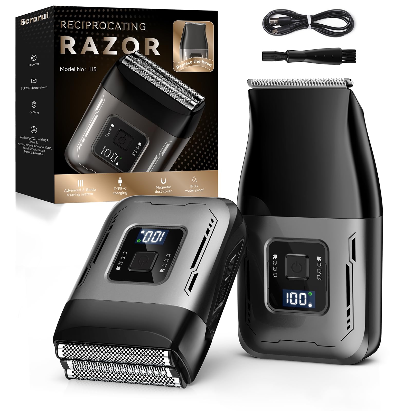 Scrorui cordless foil shaver front view showing ergonomic grip for comfortable daily shaving