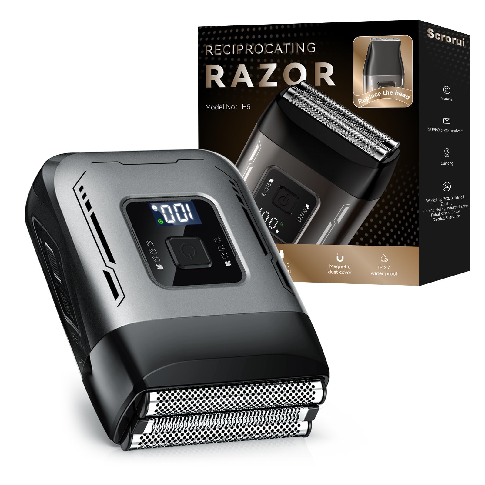 Scrorui foil shaver close-up showing high-speed double floating blades for smooth daily shaving