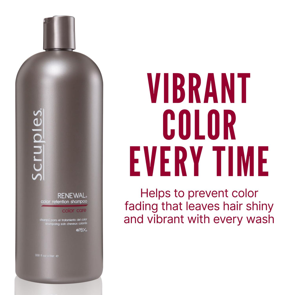 Scruples Color Renewal Gentle Shampoo bottle top highlights premium formula that protects color in daily use.