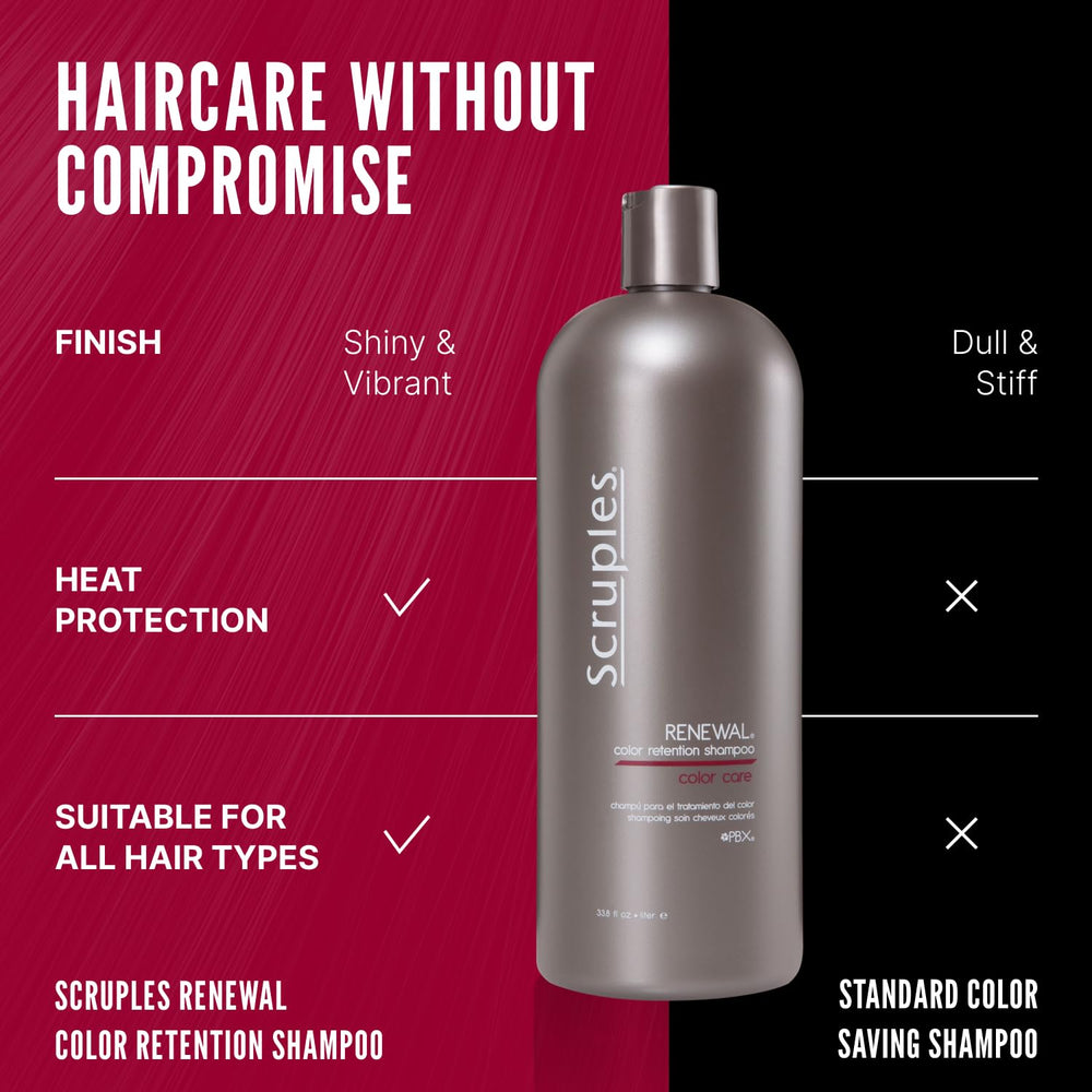 Scruples Color Renewal Gentle Shampoo color-treated hair sample shows soft, radiant texture after washing.
