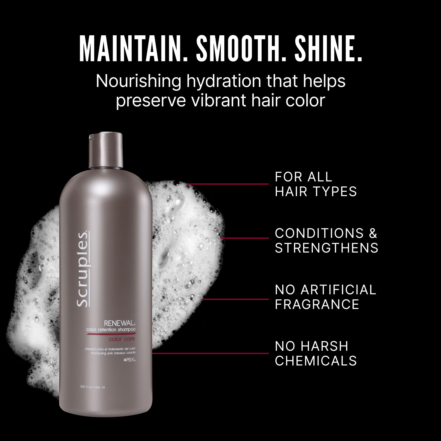 Scruples Color Renewal Gentle Shampoo lather demonstrates hydrating cleanse without stripping.