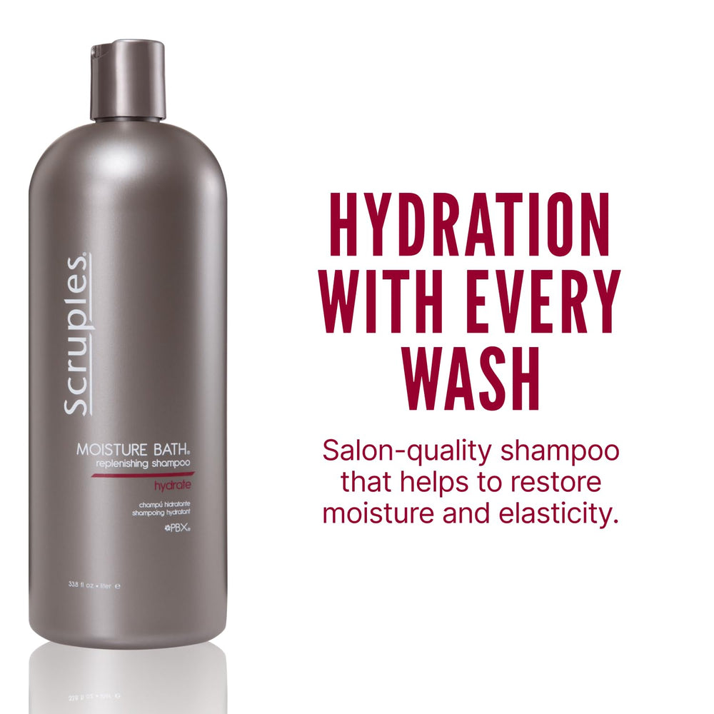Scruples Moisture Bath Shampoo label highlights moisturizing formula for dry, frizzy hair