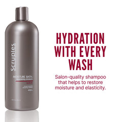 Scruples Moisture Bath Shampoo label highlights moisturizing formula for dry, frizzy hair
