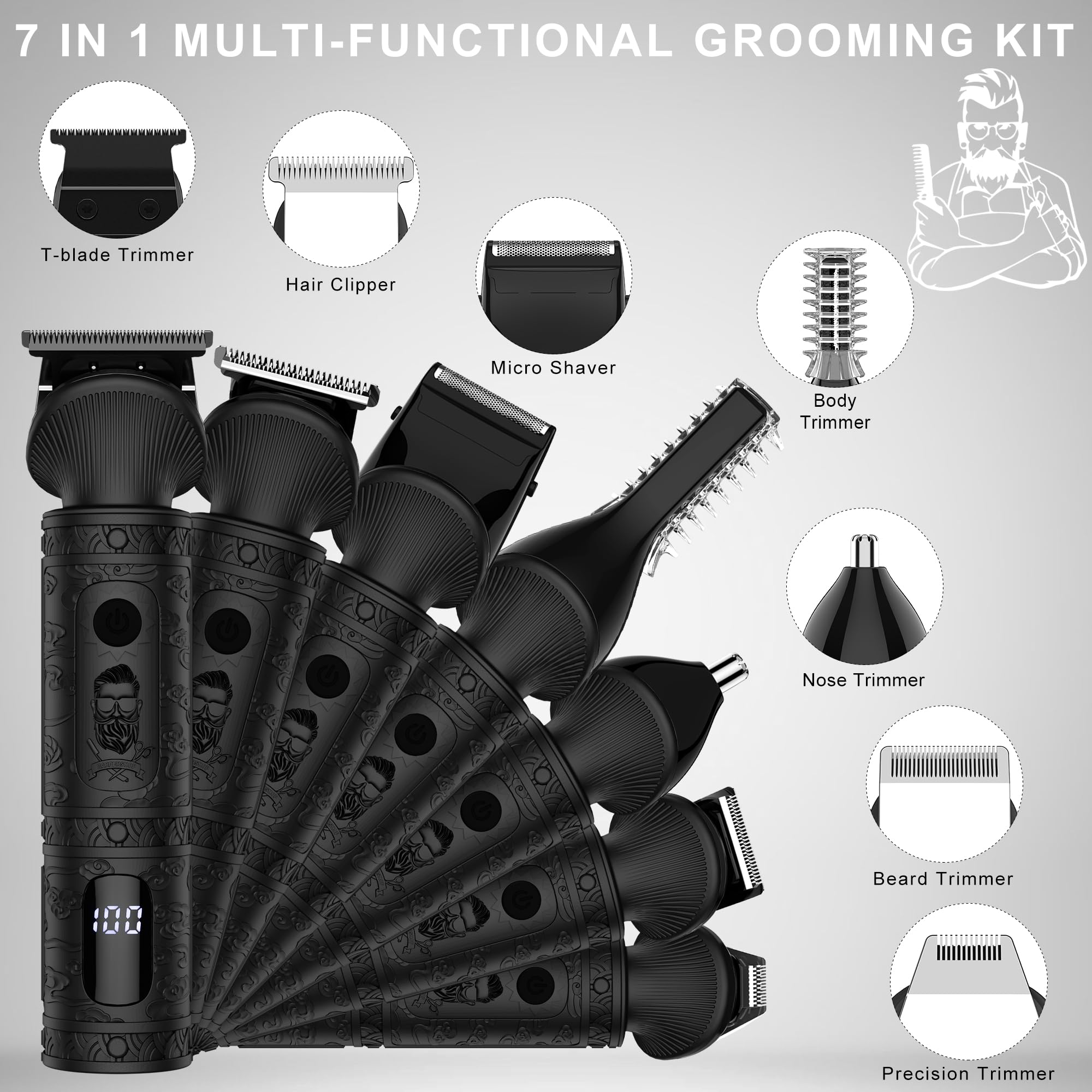 Scttomon 7-in-1 kit assembled, ready for versatile beard and hair trimming.