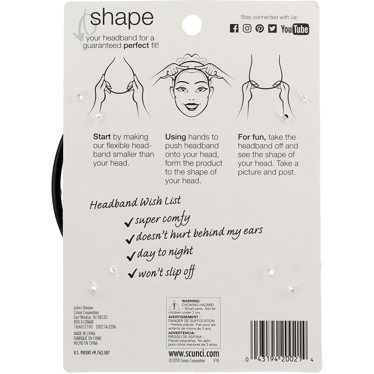 Conair Scunci No Slip Grip Bendable Headband packaged set of three for color coordination.