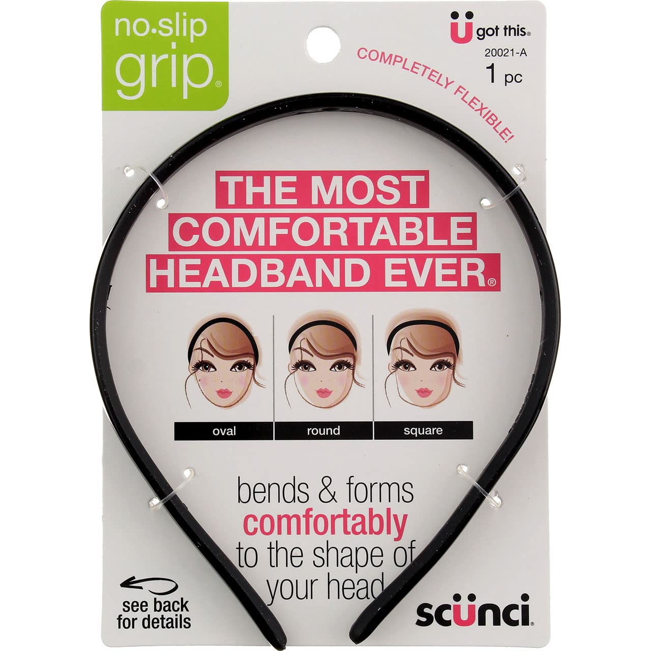 Conair Scunci No Slip Grip Bendable Headband worn for everyday comfort and flexible fit.