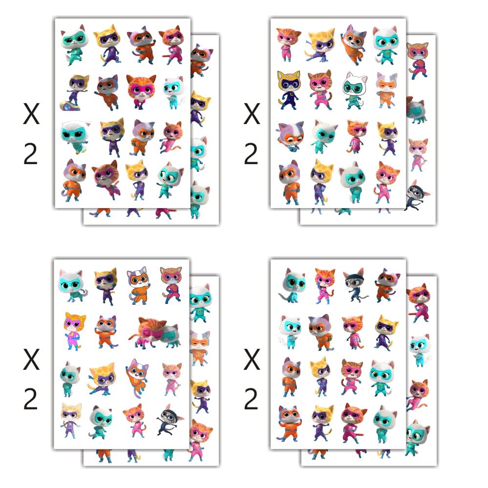 SDONY Super Cats temporary tattoos sheet 2 showing playful cat designs for kids' craft activities