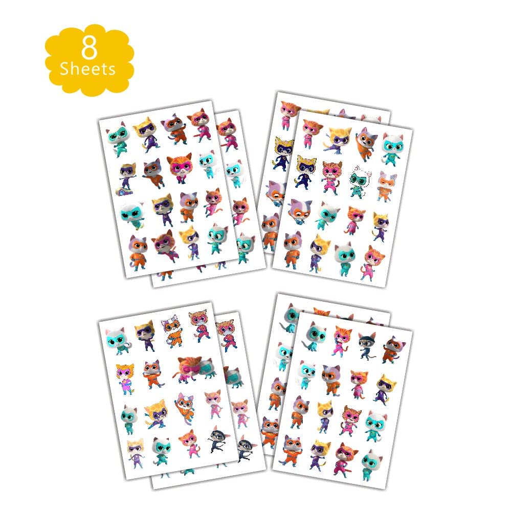 SDONY Super Cats temporary tattoos sheet 4 displaying interactive cat stickers for cups and balloons