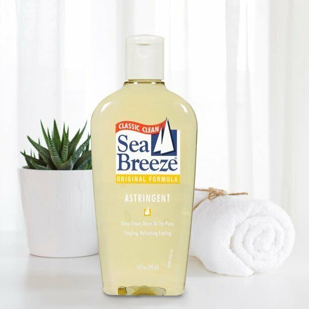 Sea Breeze Astringent Original 10oz with cotton pad for nightly skincare ritual