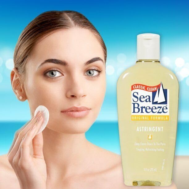 Sea Breeze Astringent Original 10oz bottle in bathroom setup for quick refresh
