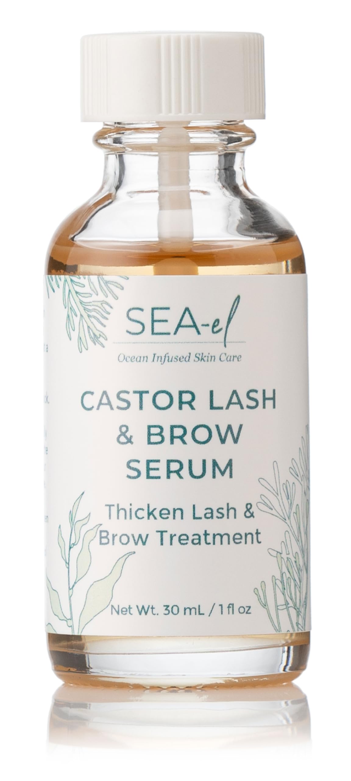 Sea-El Castor Lash Serum bottle shows compact 1 oz packaging for daily use.