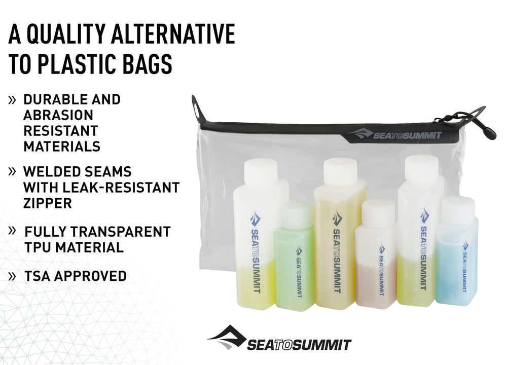 Sea to Summit TravellingLight six-bottle set highlights six refillable travel bottles for organized packing.