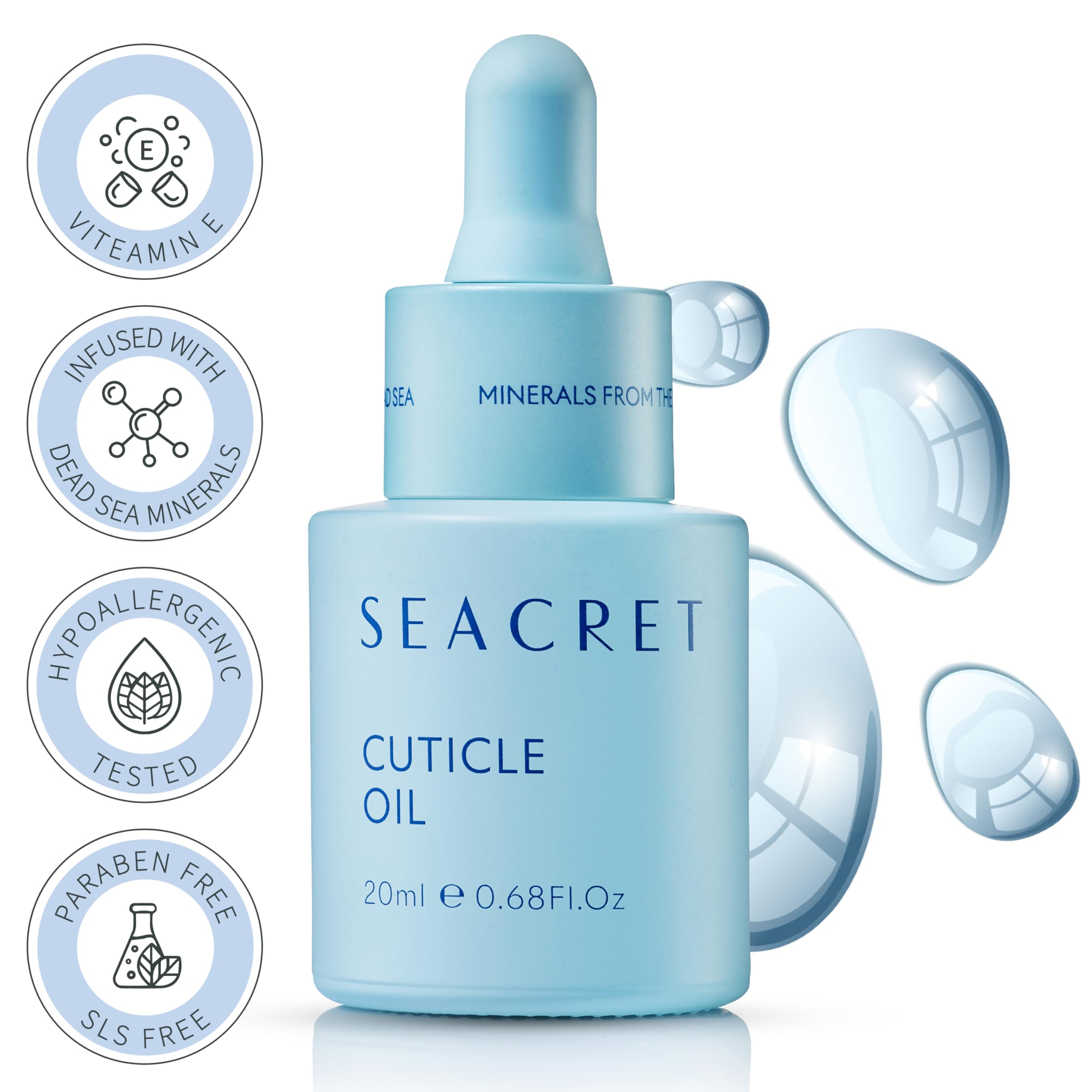 SEACRET cuticle oil bottle next to nails showing protective barrier.