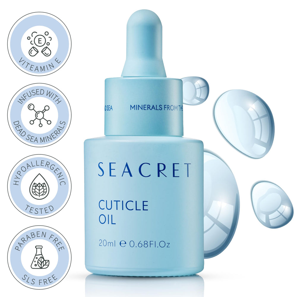 SEACRET cuticle oil bottle next to nails showing protective barrier.