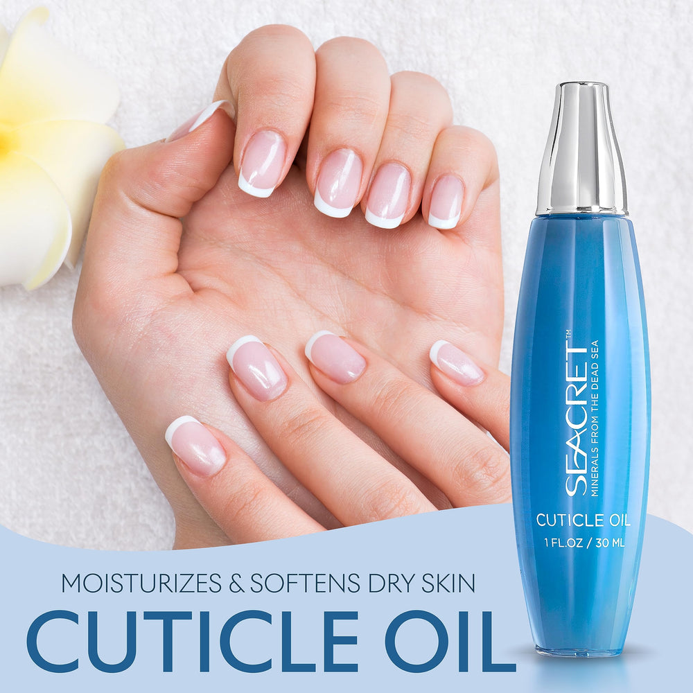 SEACRET Cuticle Oil with calendula and jojoba on nails provides smoothing shine.