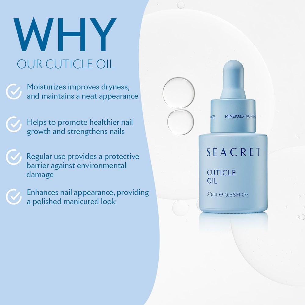 SEACRET cuticle oil ingredients list highlighting Dead Sea minerals and natural oils.