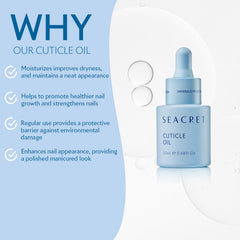 SEACRET cuticle oil ingredients list highlighting Dead Sea minerals and natural oils.