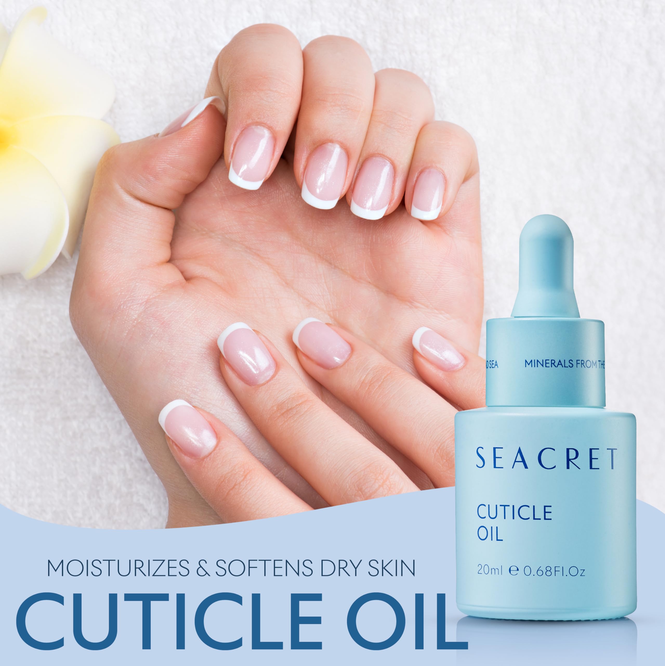 SEACRET cuticle oil packaging and travel-friendly 20 ml bottle.