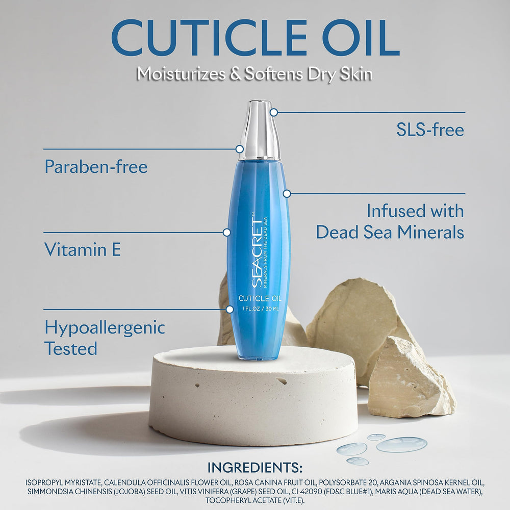 SEACRET Minerals Cuticle Oil with argan and grape seed for conditioning nails.