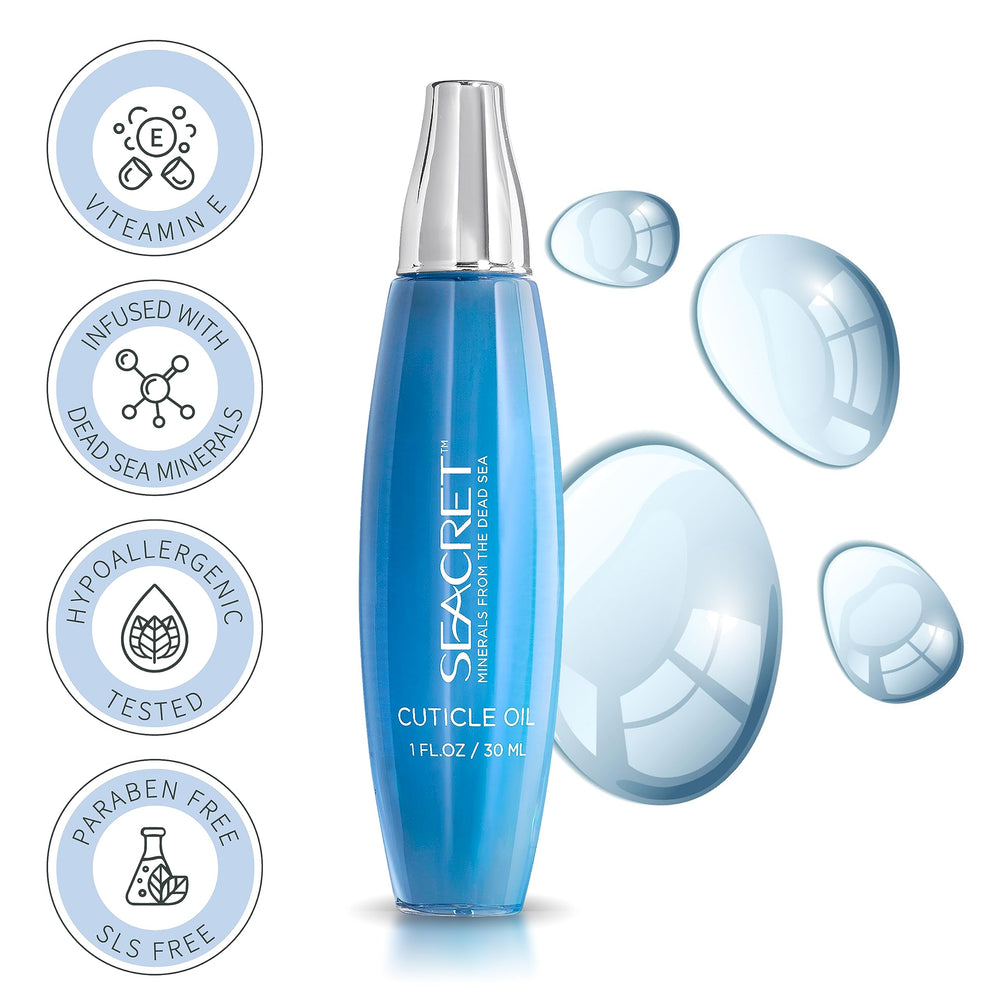 SEACRET Minerals Cuticle Oil dropper highlights nourishing oils for dry cuticle relief.