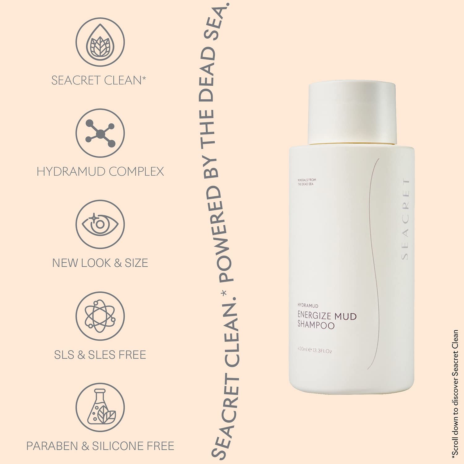 SEACRET Minerals HydraMud Shampoo Dead Sea mud visual emphasizes mineral-rich cleansing for scalp comfort