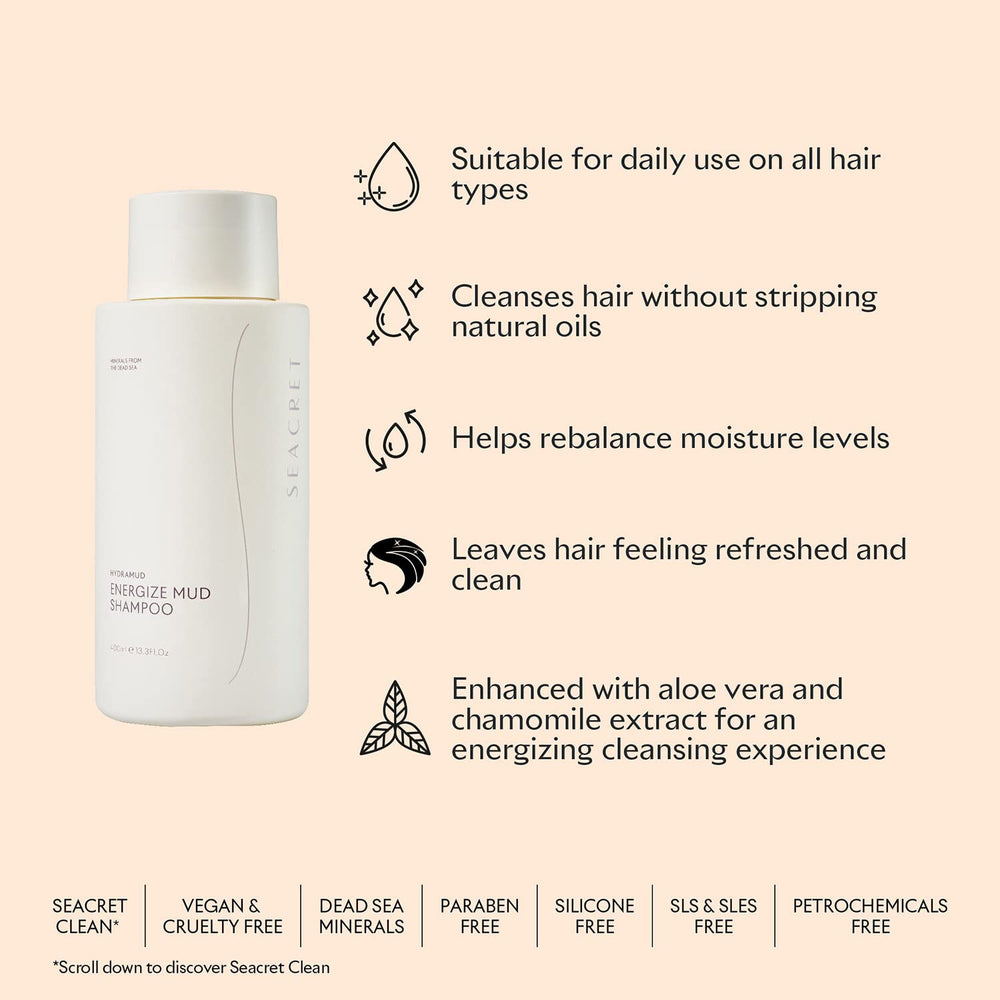SEACRET Minerals HydraMud Shampoo natural ingredients palette highlights mud complex and argan oil harmony
