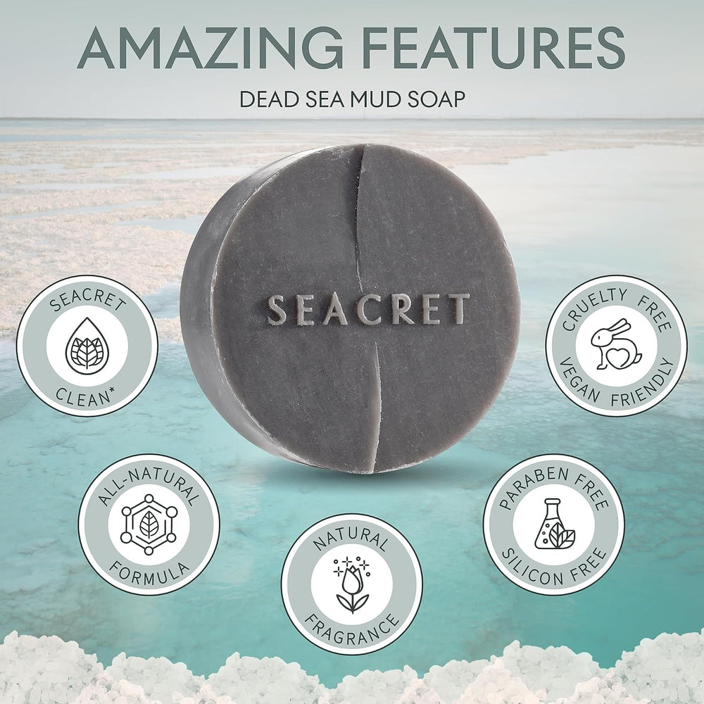 SEACRET Minerals Mud Soap Bar sea-salt-pearly-lather offers refreshing cleanse.
