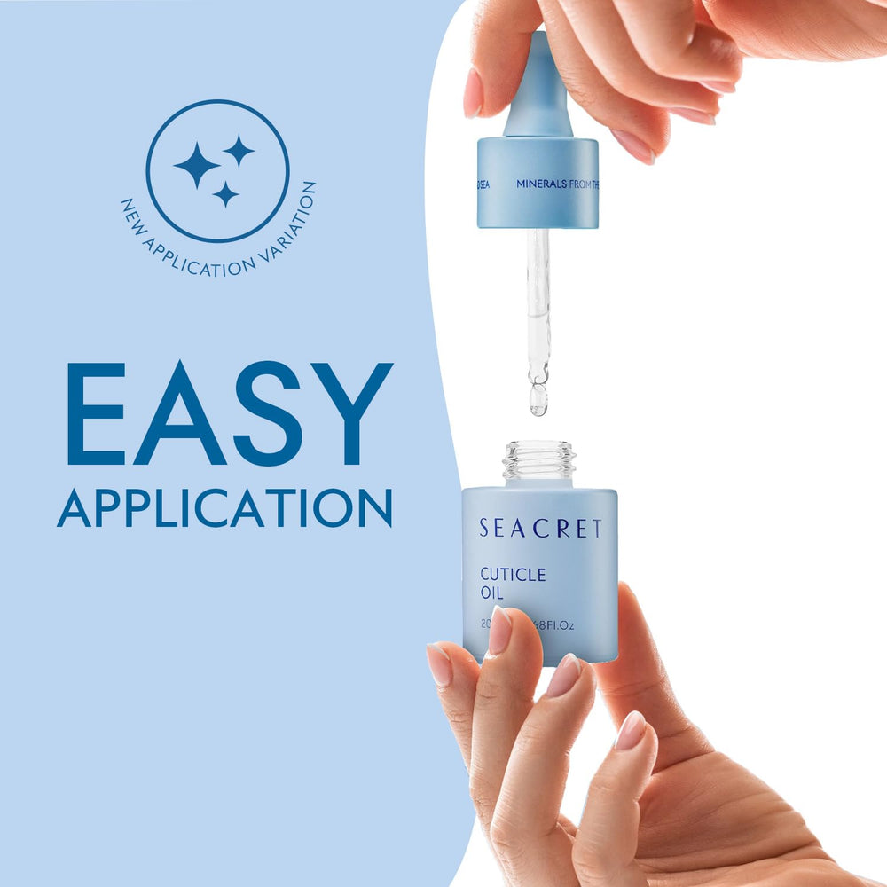 SEACRET Minerals hands applying cuticle oil for nourished, supple cuticles.