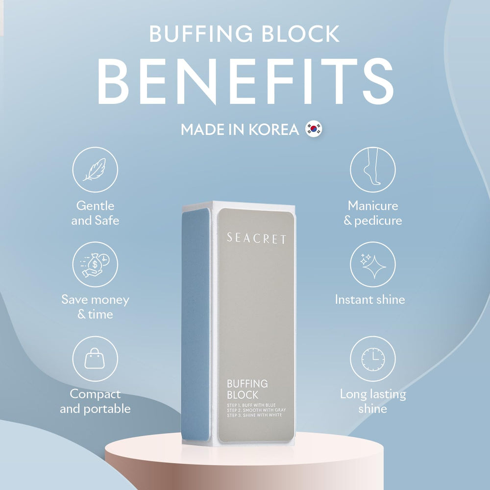 SEACRET Minerals professional nail buffing block grain detail highlights gentle abrasion for shine.