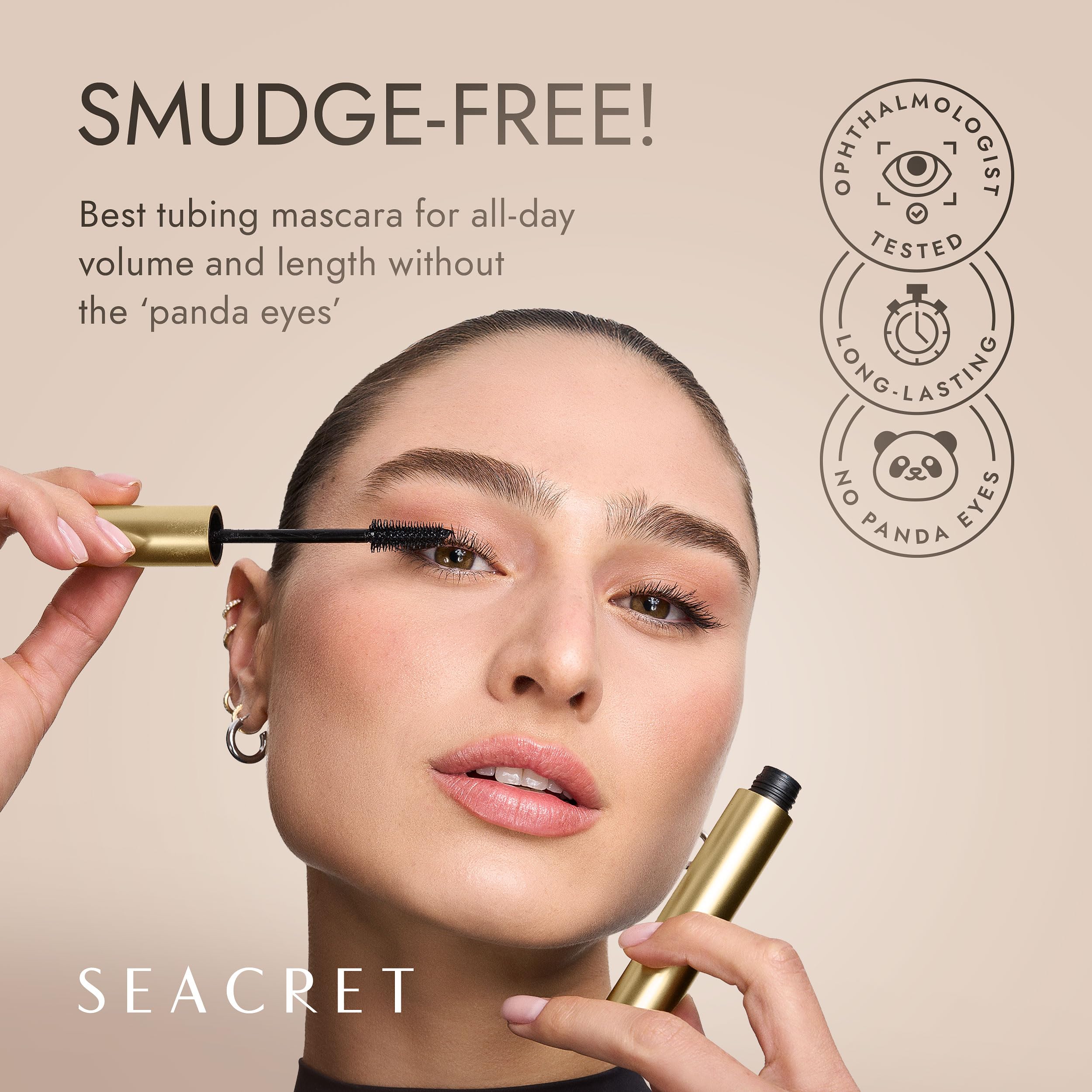 SEACRET Minerals tubing mascara Black on full lashes for length and volume.