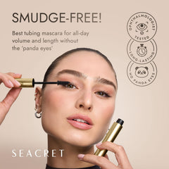 SEACRET Minerals tubing mascara Black on full lashes for length and volume.